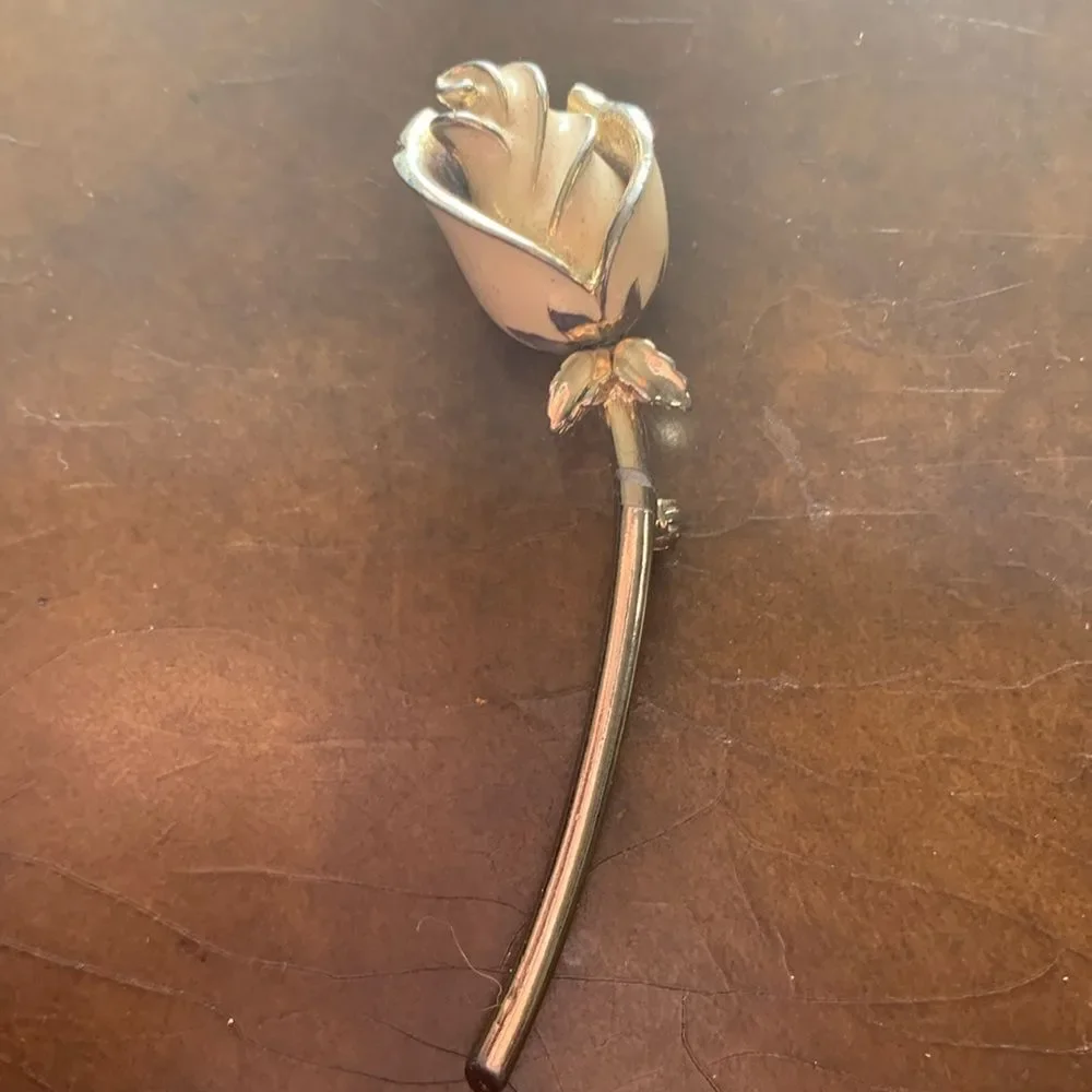 Vintage White Enamel Rose Brooch